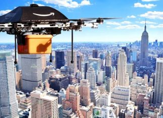 Amazon Prime Drone flying over a city.