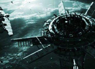 Military spaceship approaching a space outpost